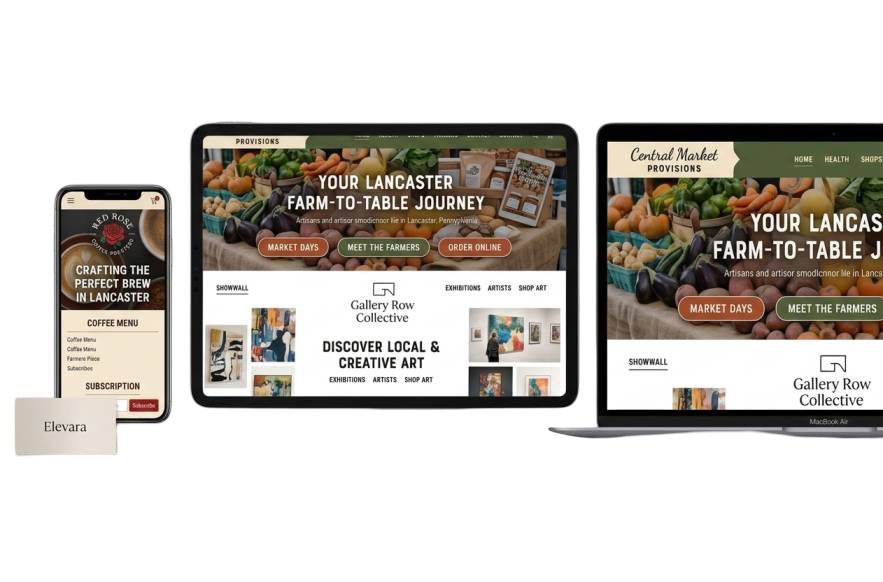 Three example websites by Elevara, shown on phone, tablet, and laptop